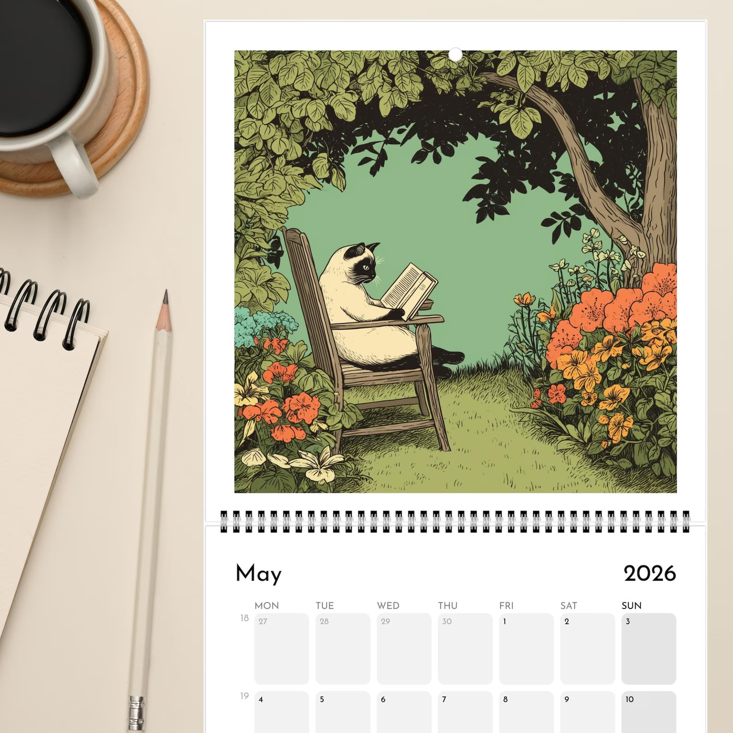 Cats Chillin' with Books 2026 Wall Calendar