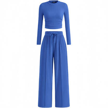 Woman's 2-Piece Ribbed Knit Long Sleeve Crop👚 Top Wide Leg Pants👖 Matching Lounge Set Loungewear[Buy 2 Free Shipping]