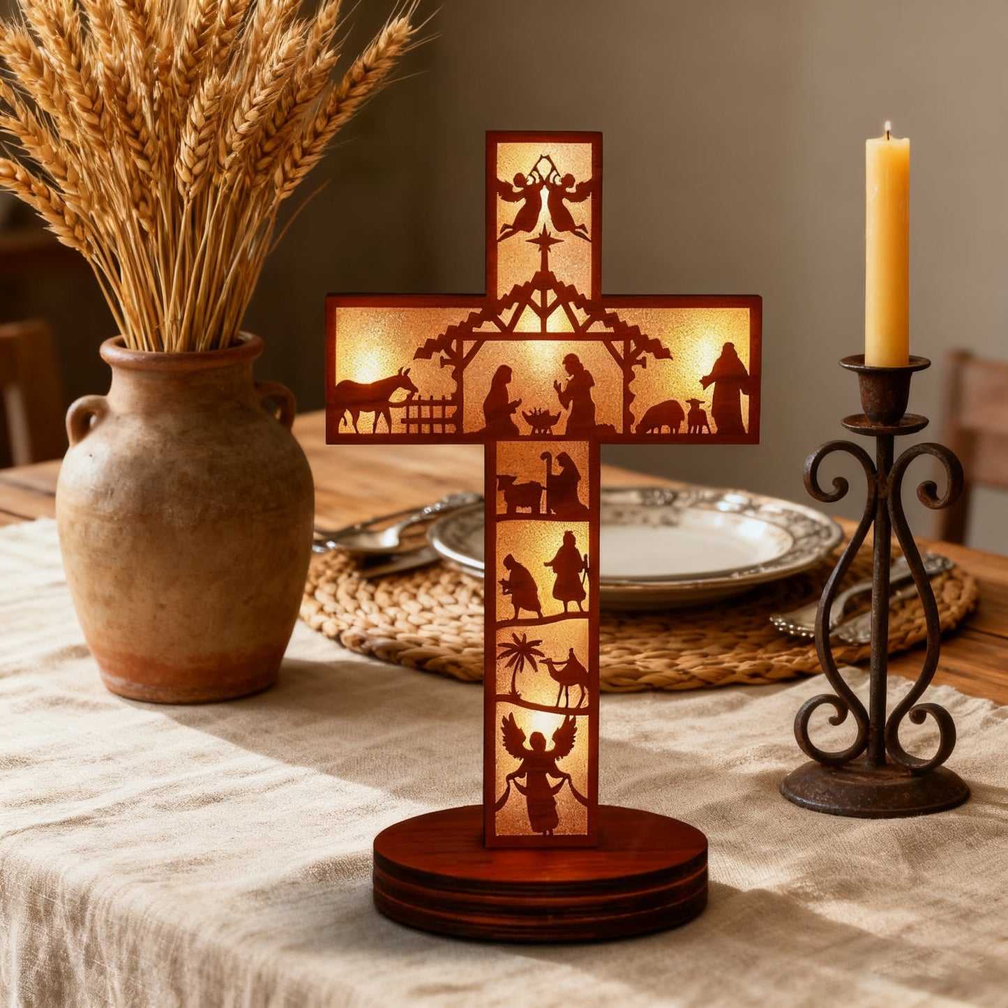 Boxwood LED Nativity Cross – The Light of Christ Shines Within