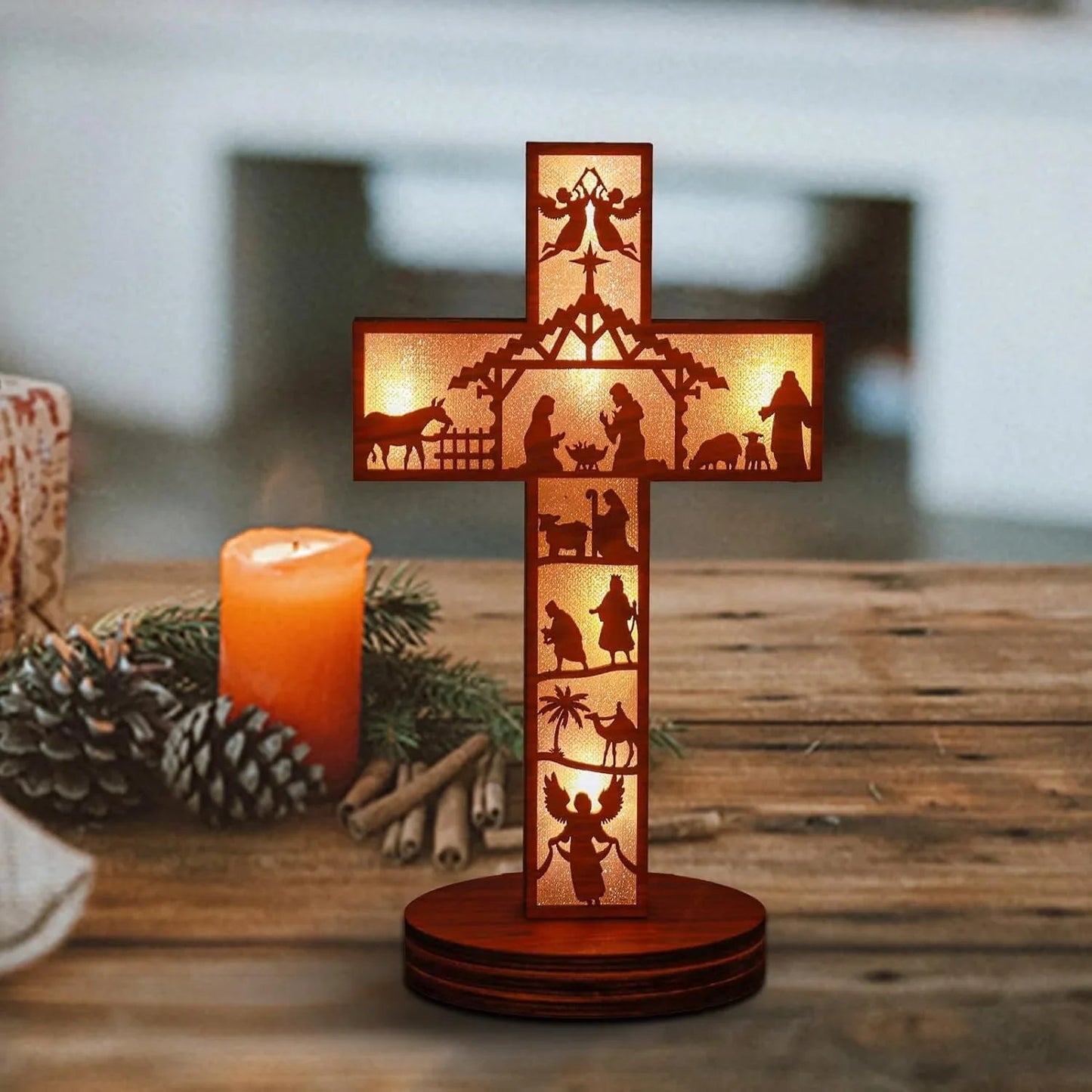 Boxwood LED Nativity Cross – The Light of Christ Shines Within
