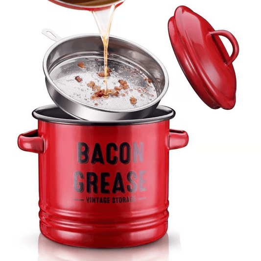 Top Christmas Gift 2025 🎅-Bacon grease 6pc set 46 oz bacon grease container with strainer and food-grade silicone spatula-Two sponges