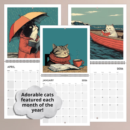 Cats Chillin' with Books 2026 Wall Calendar